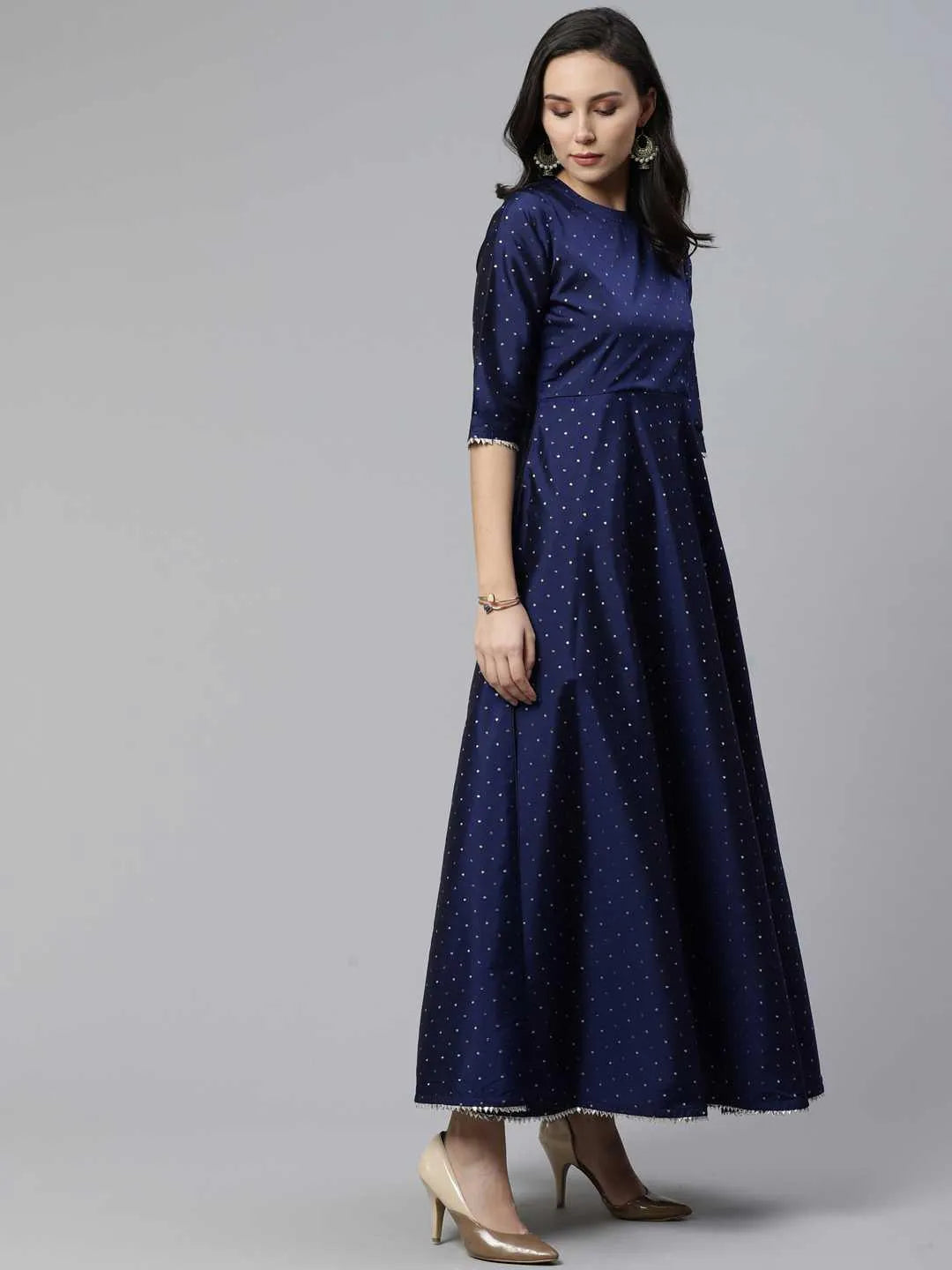 Navy Blue Self Design Chanderi Dress With Dupatta - Libas 