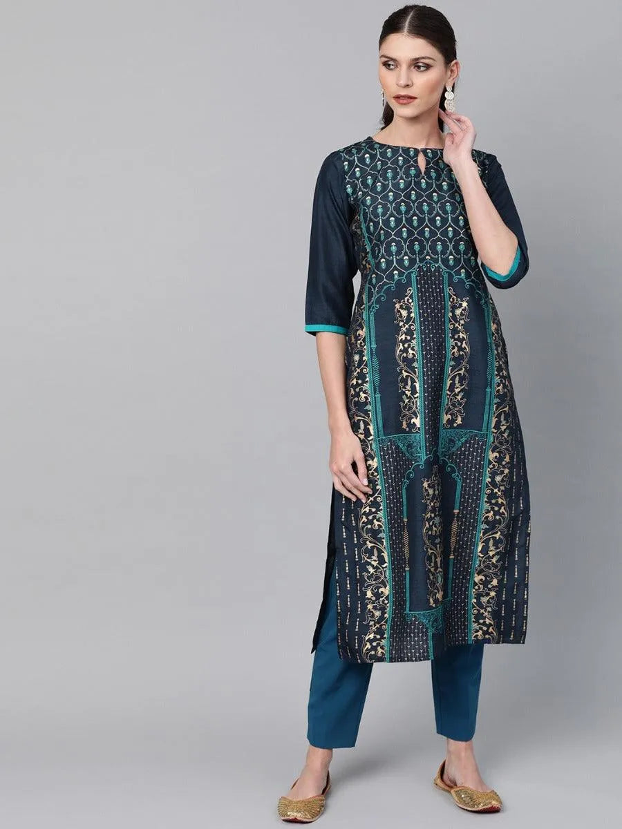 Navy Blue Self Design Chanderi Kurta - Libas