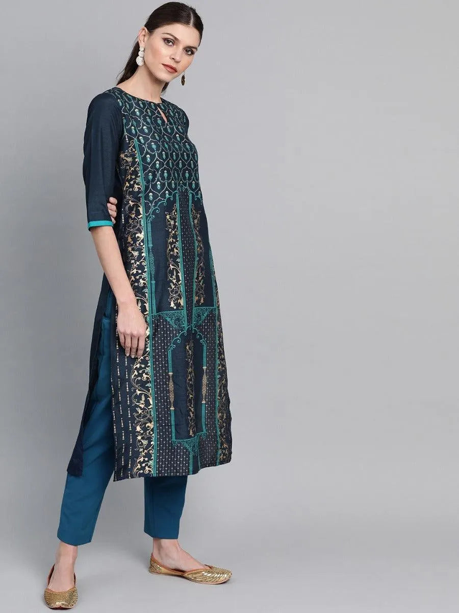 Navy Blue Self Design Chanderi Kurta - Libas