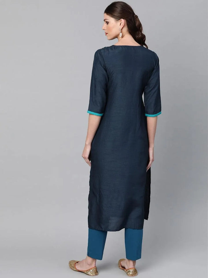 Navy Blue Self Design Chanderi Kurta - Libas