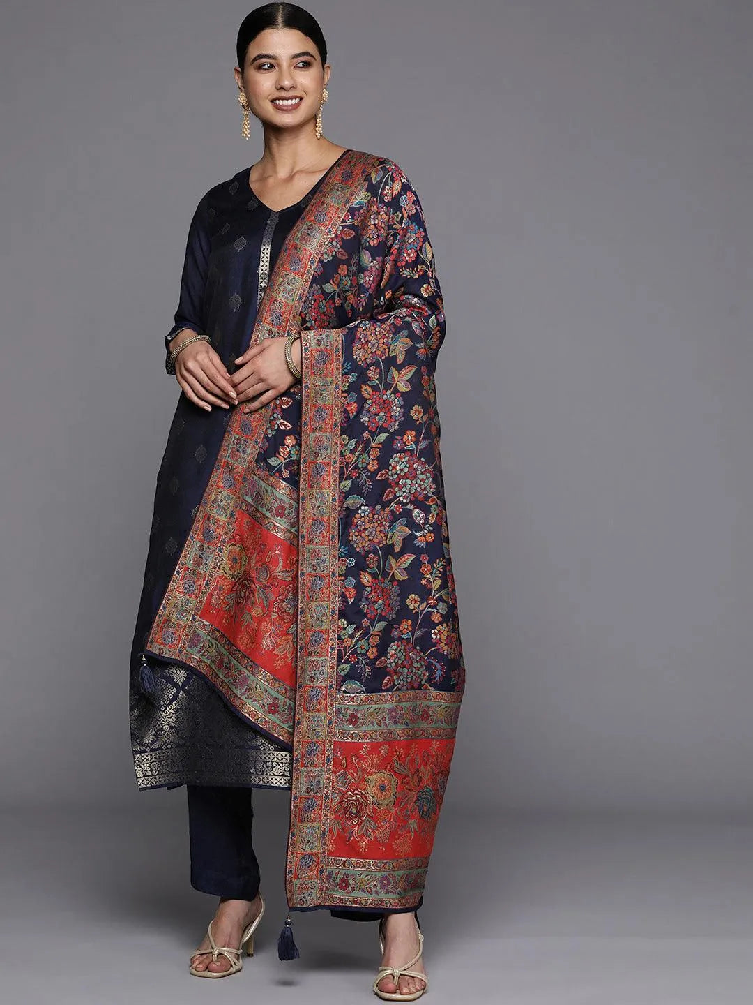 Navy Blue Self Design Silk Blend Straight Suit Set - Libas