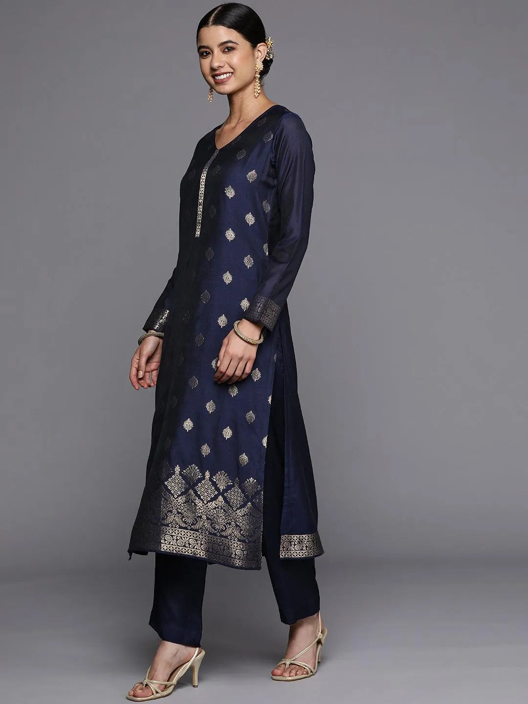 Navy Blue Self Design Silk Blend Straight Suit Set - Libas