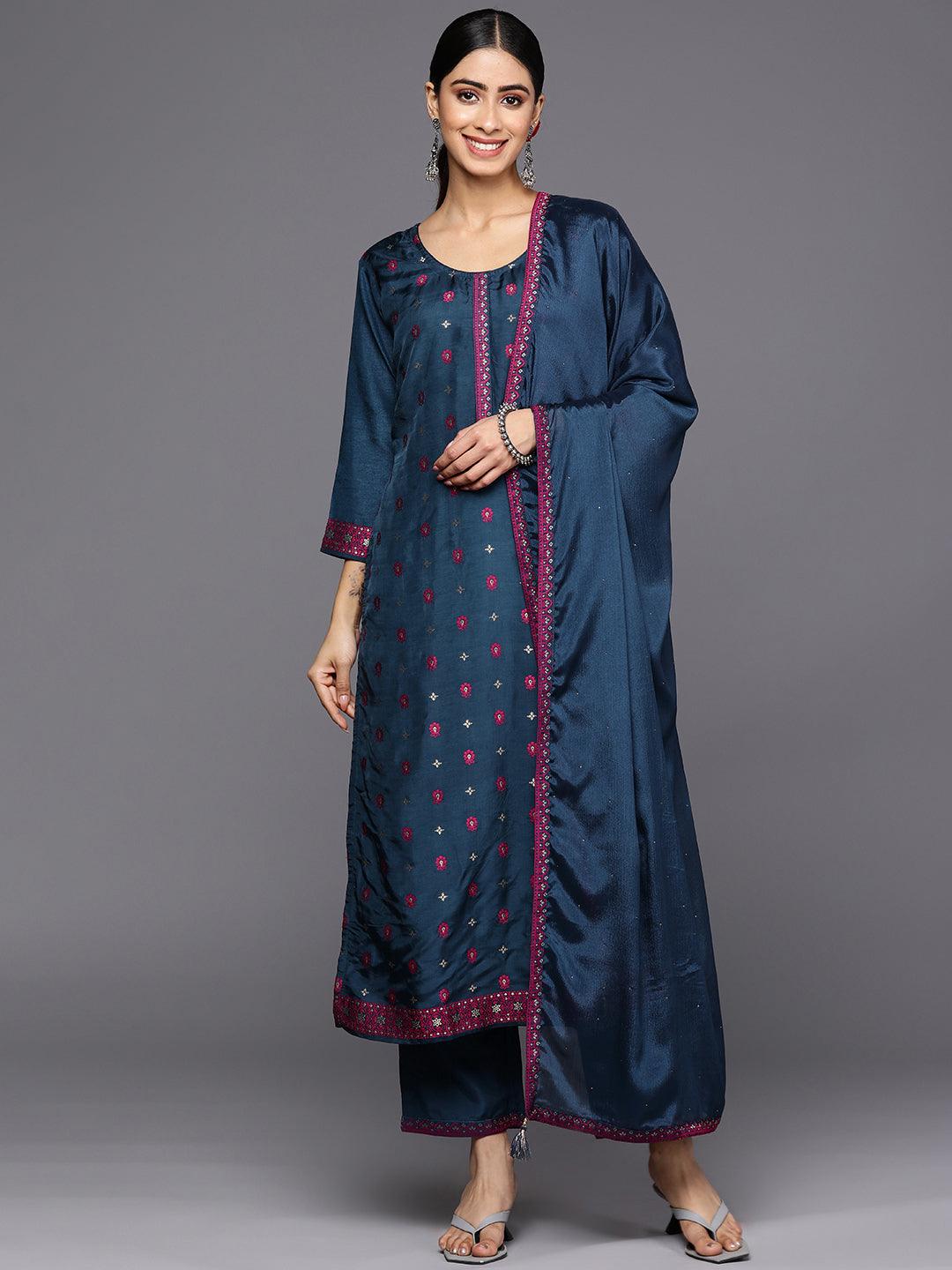 Navy Blue Self Design Silk Blend Straight Suit Set With Trousers - Libas 