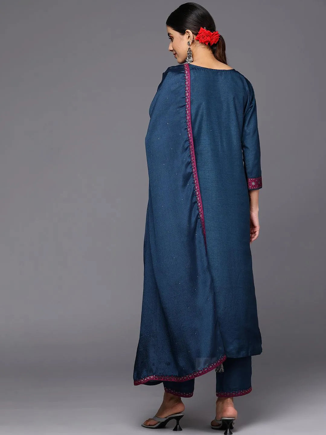 

Navy Blue Self Design Silk Blend Straight Kurta With Trousers & Dupatta