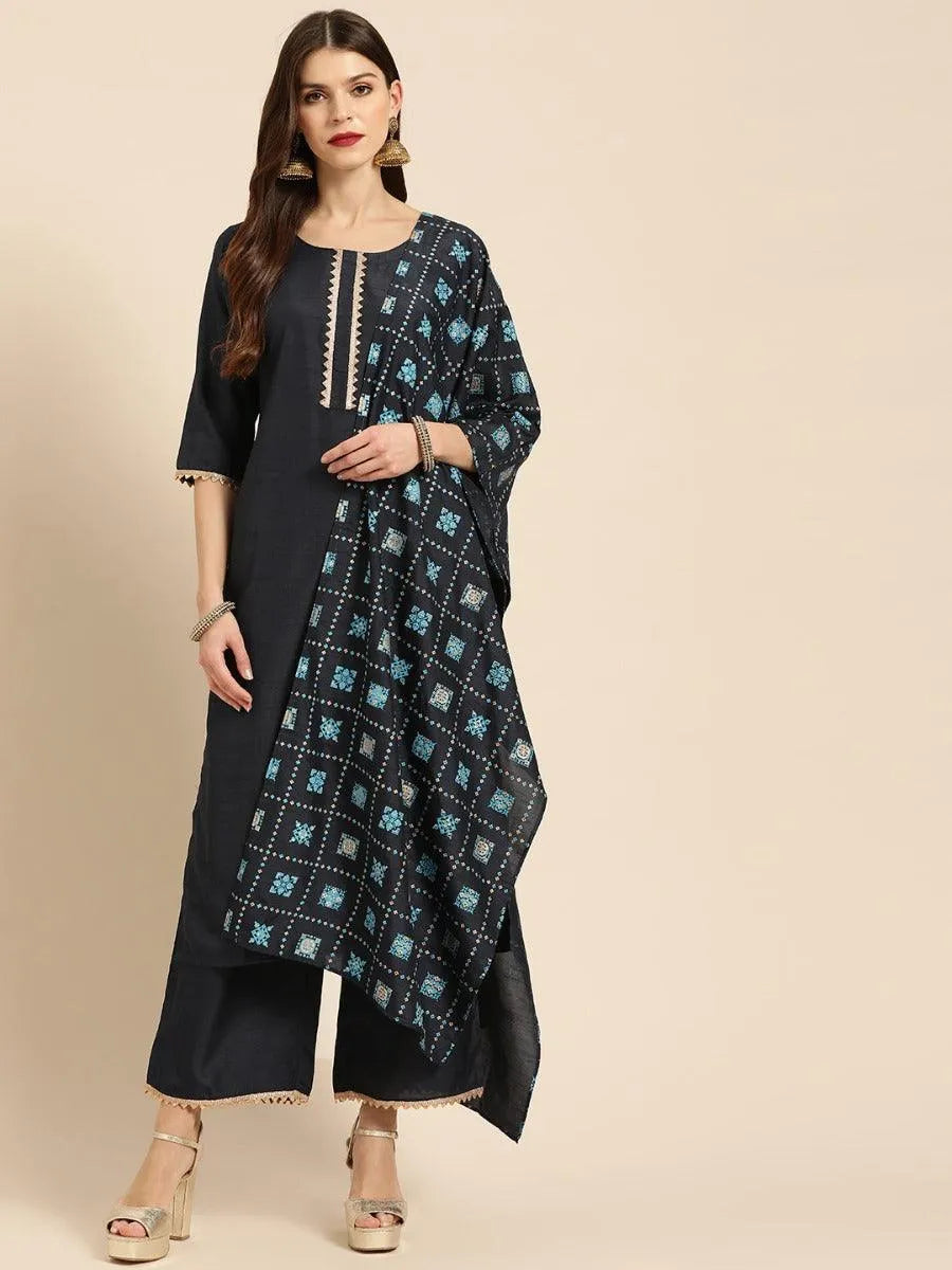 Navy Blue Solid Chanderi Suit Set - Libas 