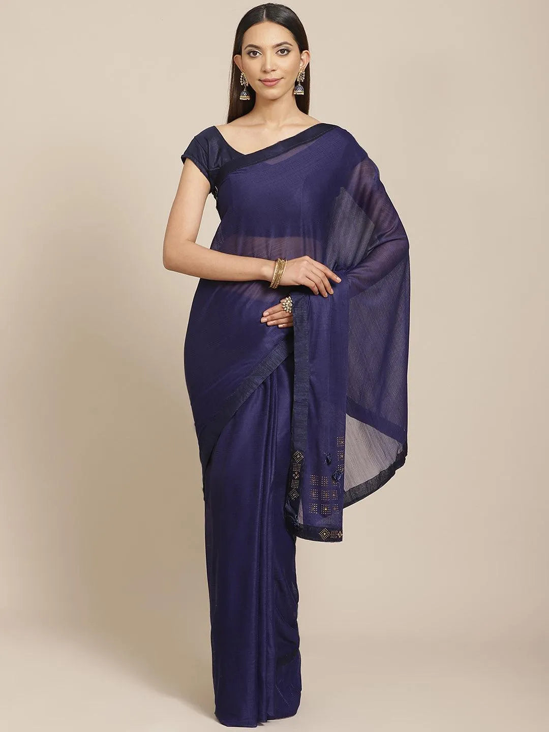 Navy Blue Solid Chiffon Saree - Libas