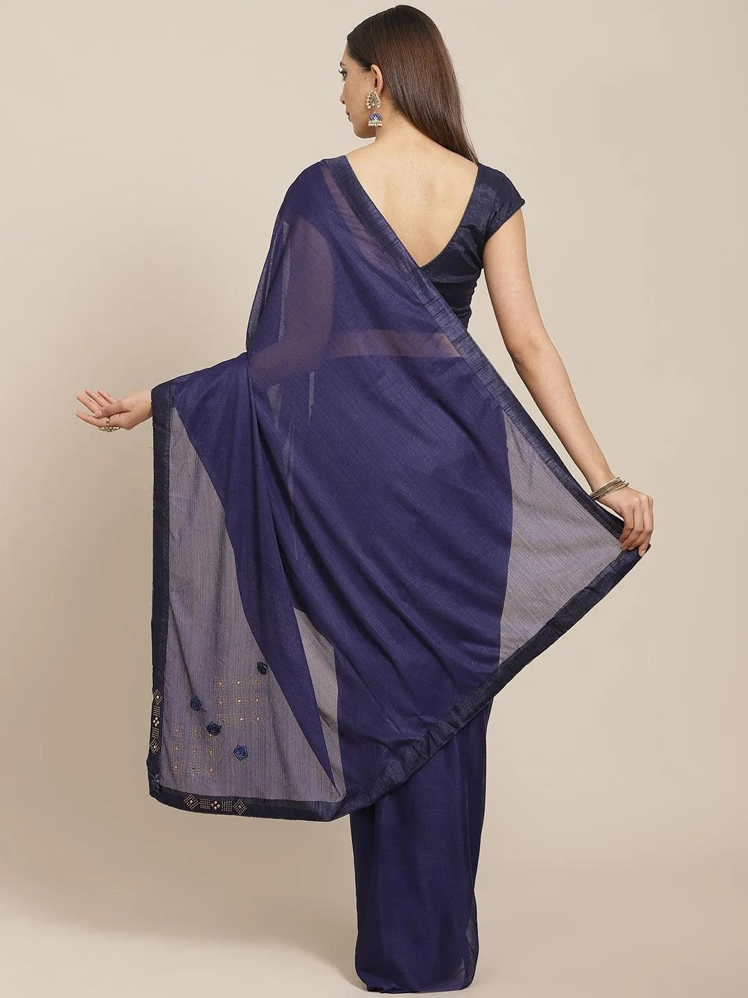 Navy Blue Solid Chiffon Saree - Libas