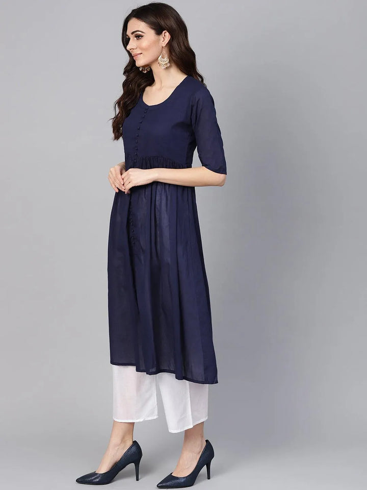 Navy Blue Solid Cotton Suit Set - Libas