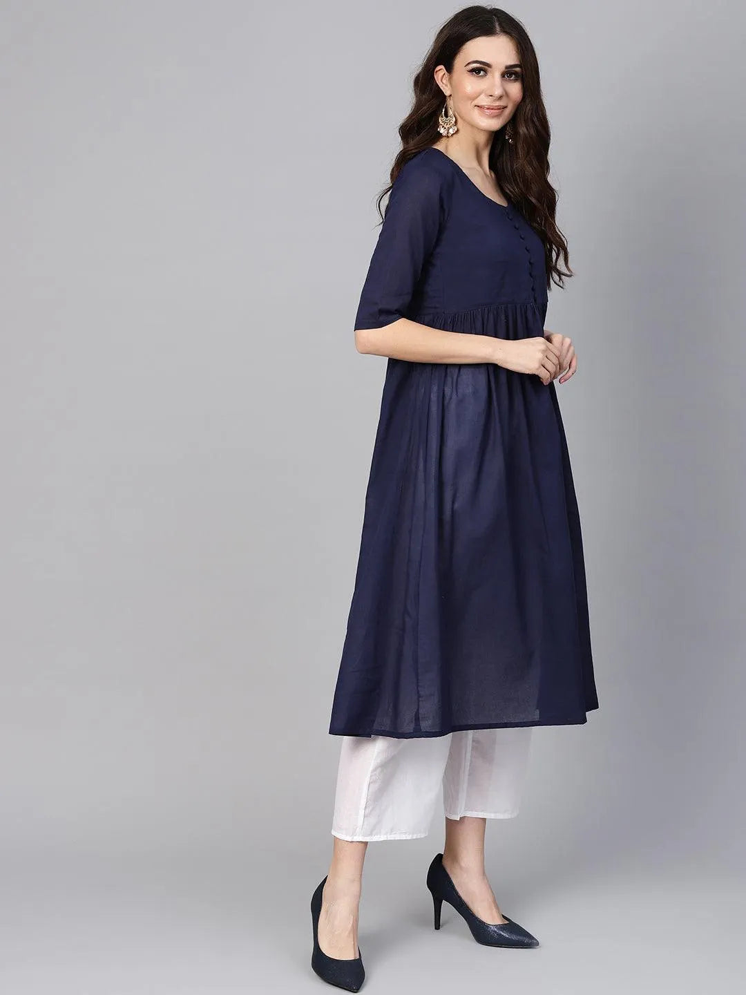 Navy Blue Solid Cotton Suit Set - Libas