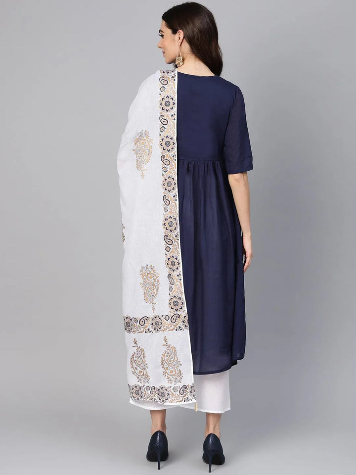 Navy Blue Solid Cotton Suit Set - Libas