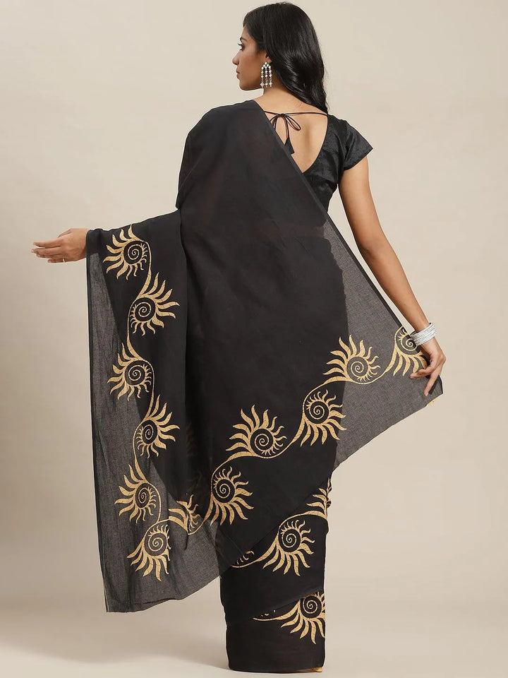 Navy Blue Solid Cotton Saree - Libas