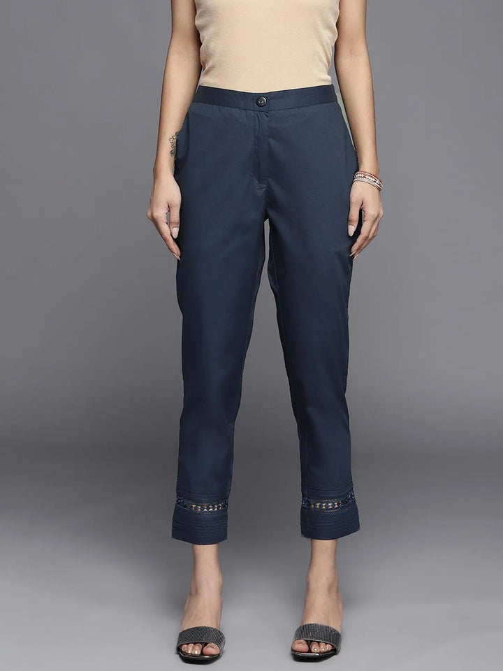 Navy Blue Solid Cotton Trousers - Libas