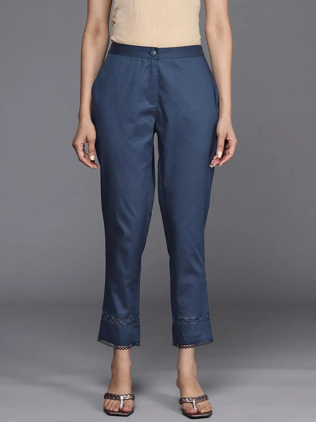 Navy Blue Solid Cotton Trousers - Libas