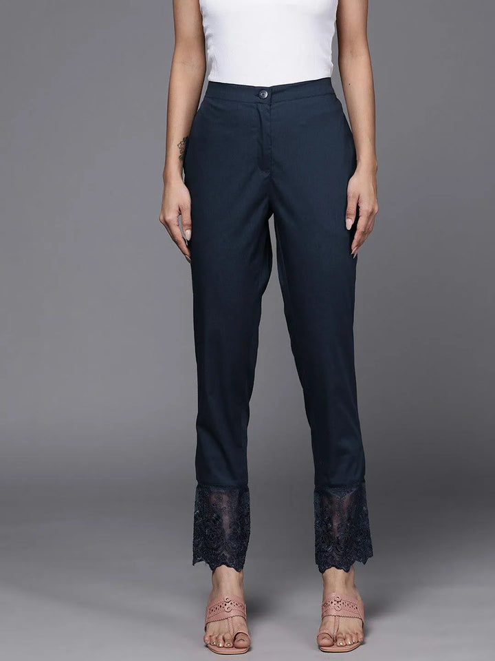 Navy Blue Solid Cotton Trousers - Libas