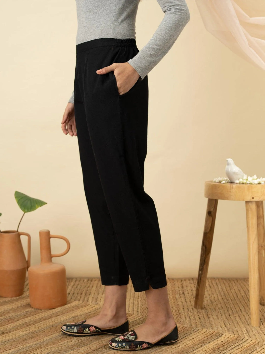 Navy Blue Solid Cotton Trousers - Libas