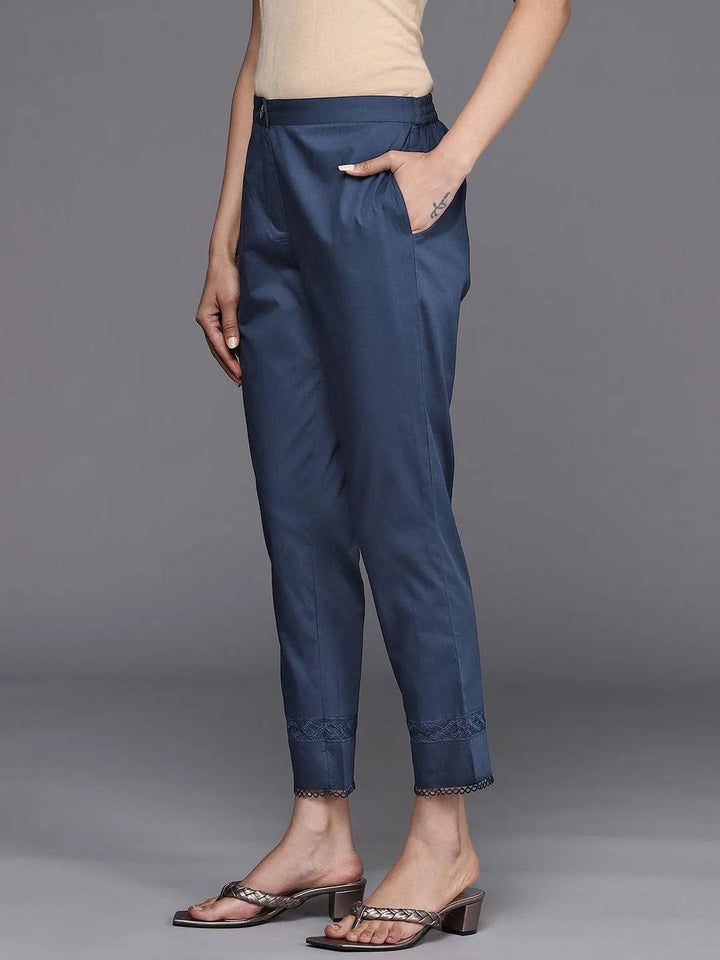 Navy Blue Solid Cotton Trousers - Libas