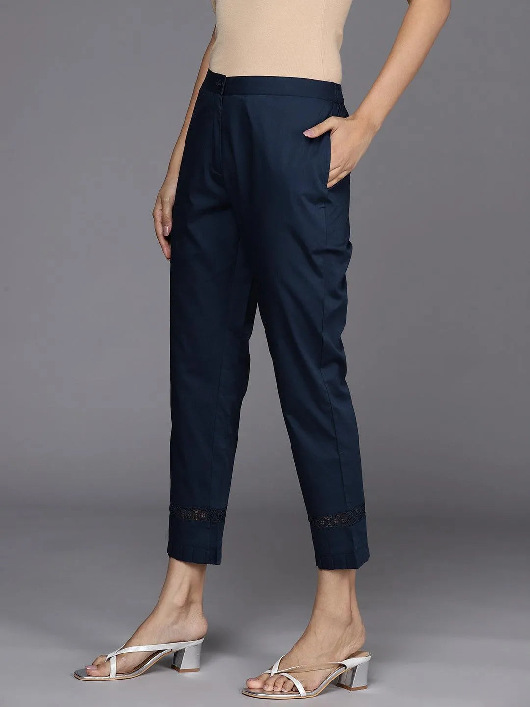 Navy Blue Solid Cotton Trousers - Libas