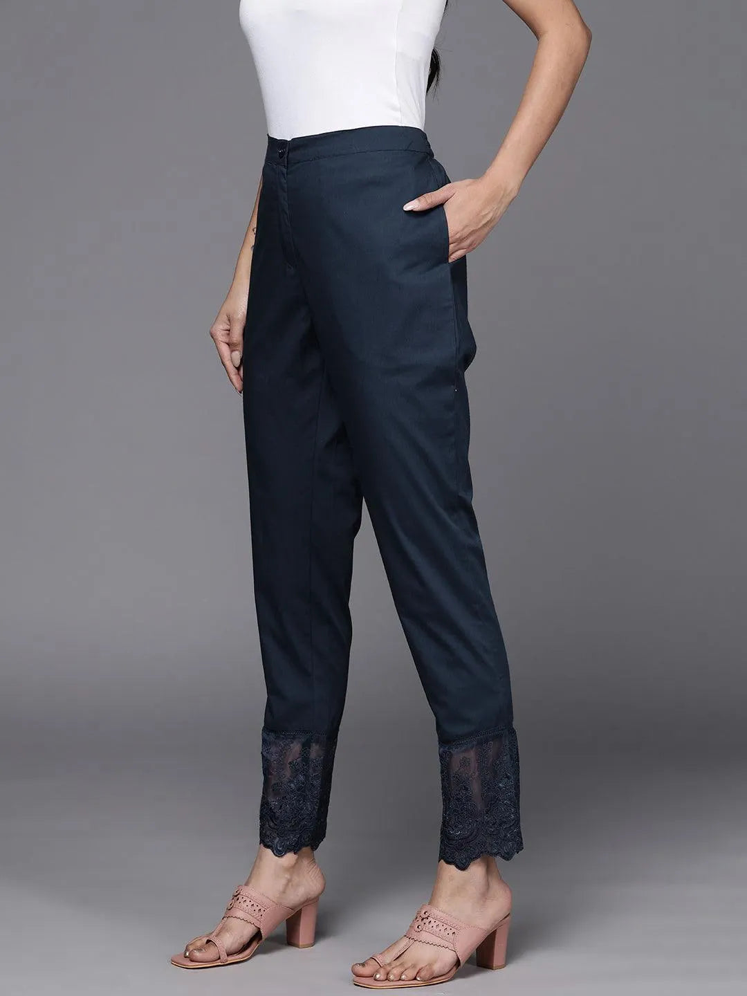 Navy Blue Solid Cotton Trousers - Libas