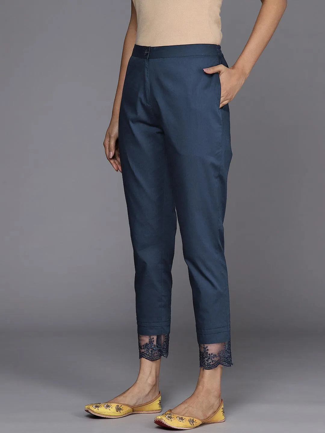 Navy Blue Solid Cotton Trousers - Libas