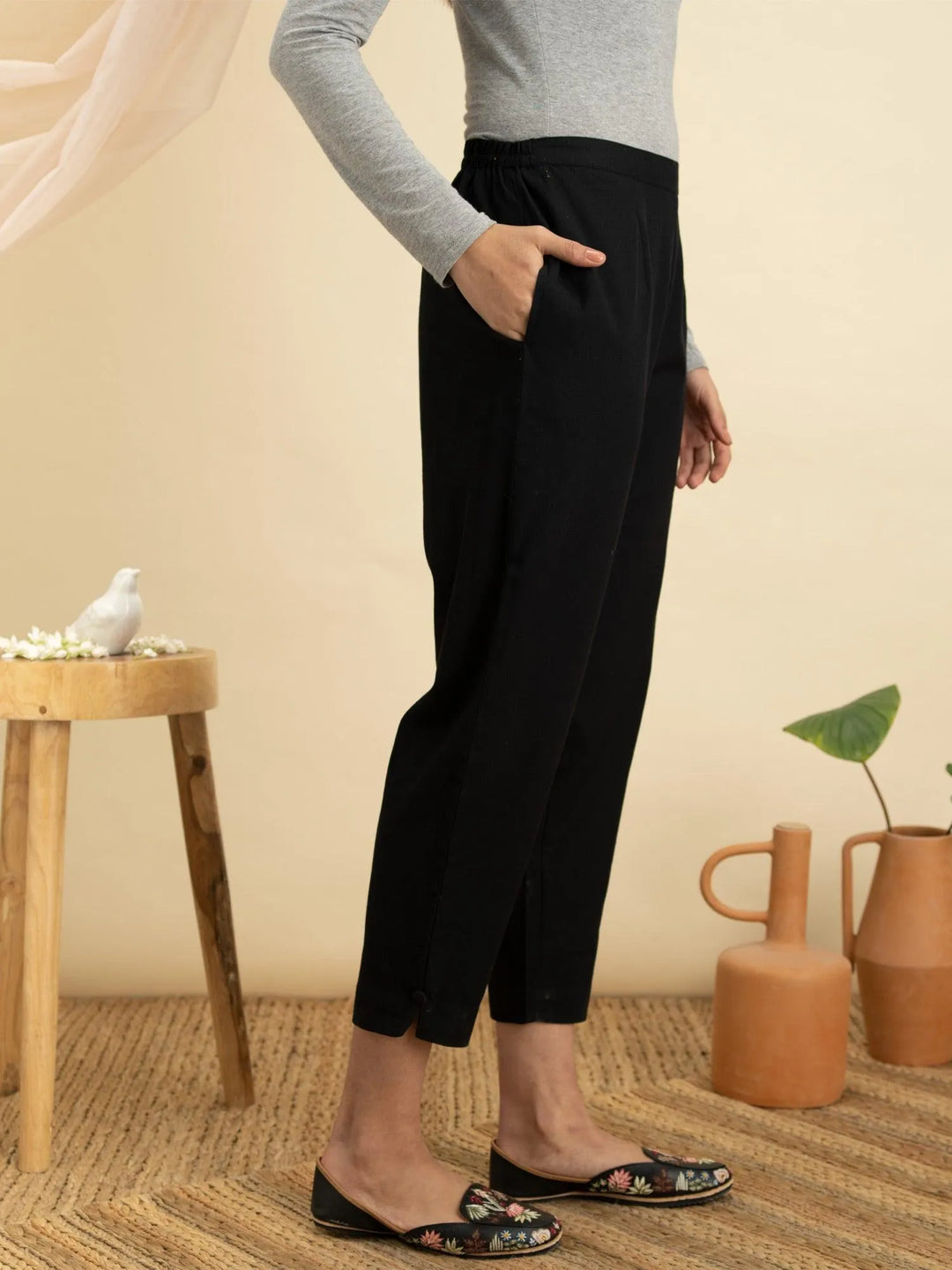 Navy Blue Solid Cotton Trousers - Libas