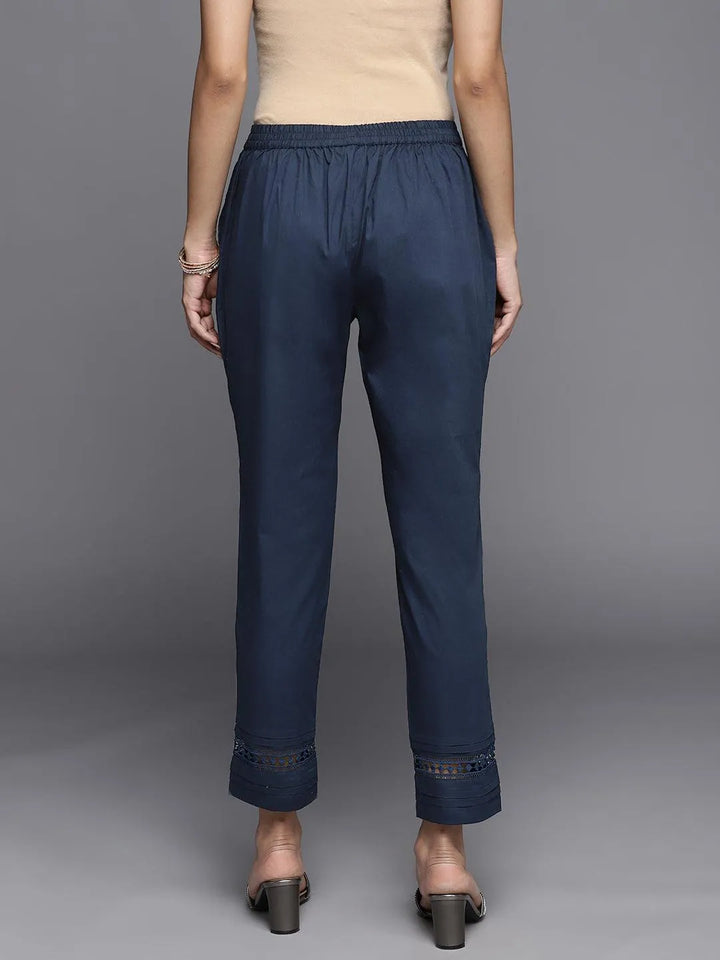 Navy Blue Solid Cotton Trousers - Libas