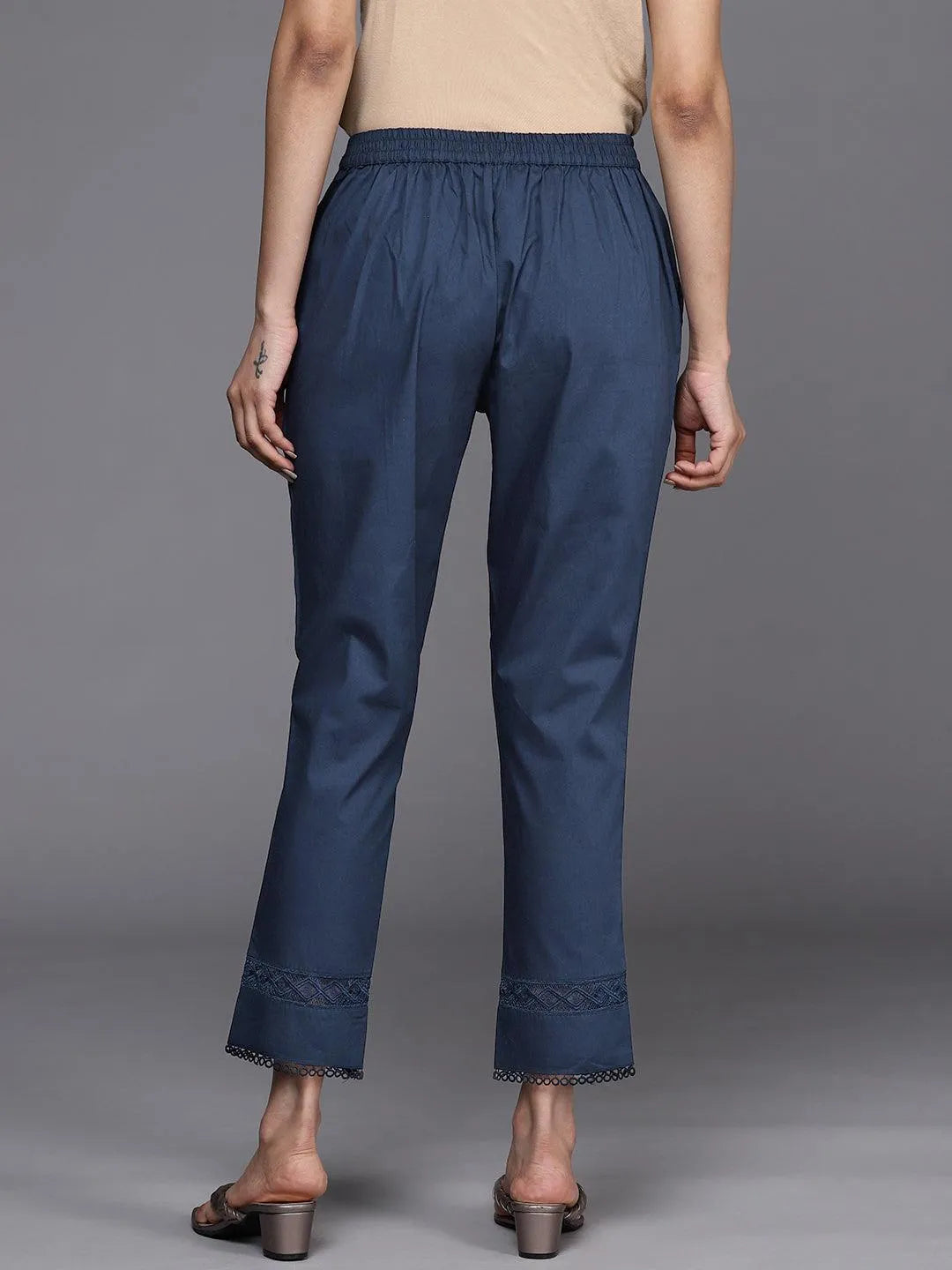 Navy Blue Solid Cotton Trousers - Libas