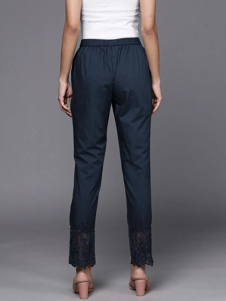 Navy Blue Solid Cotton Trousers - Libas