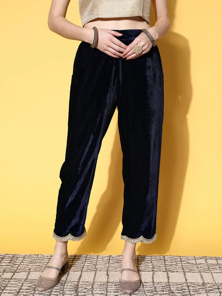 Navy Blue Solid Velvet Trousers - Libas