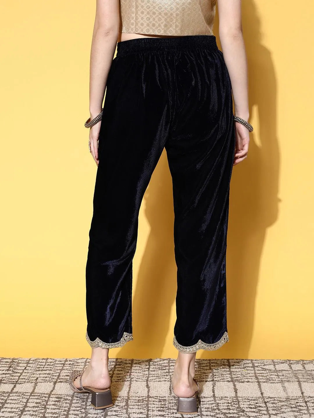 Navy Blue Solid Velvet Trousers - Libas