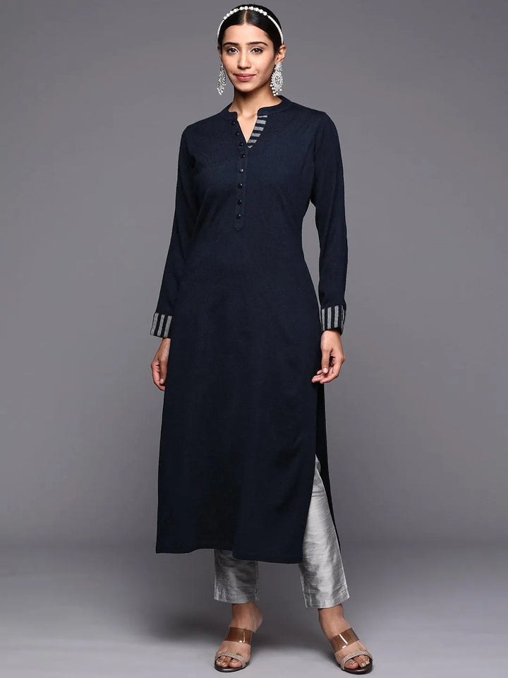 Navy Blue Solid Wool Straight Kurta - Libas