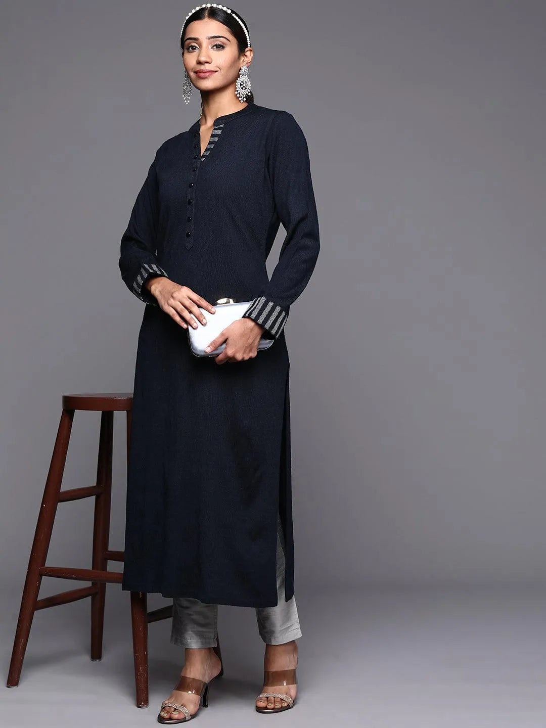 Navy Blue Solid Wool Straight Kurta - Libas