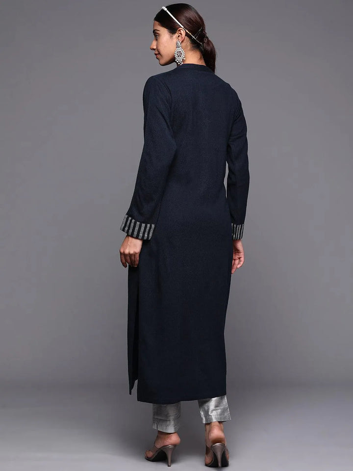 Navy Blue Solid Wool Straight Kurta - Libas