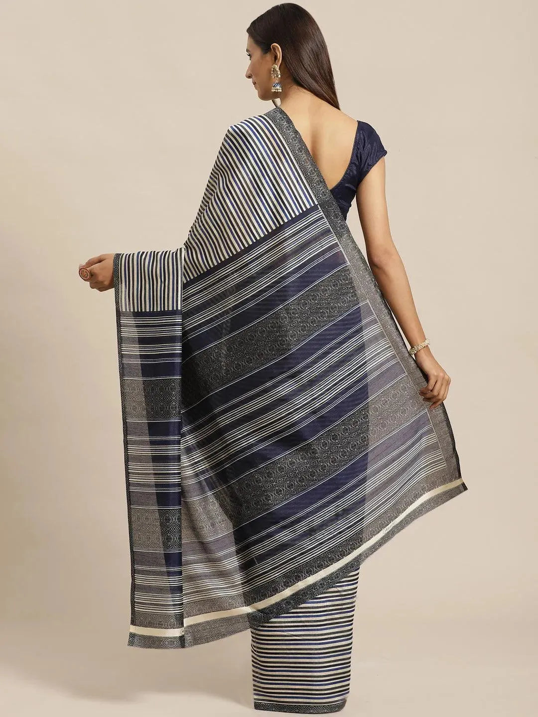 

Navy Blue Striped Silk Blend Saree