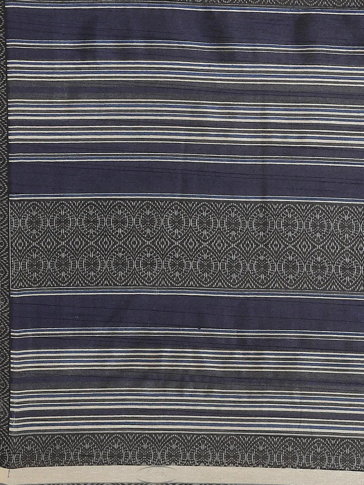 Navy Blue Striped Silk Blend Saree - Libas