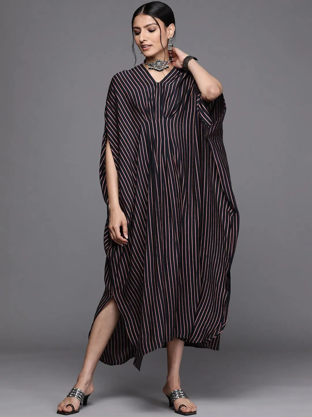 Navy Blue Striped Silk Dress - Libas 