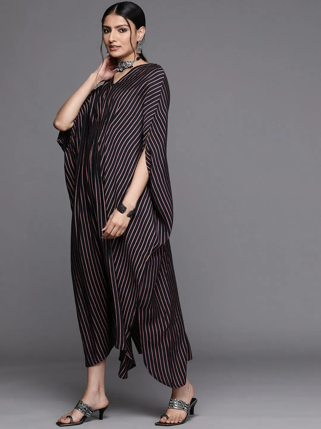 Navy Blue Striped Silk Dress - Libas 