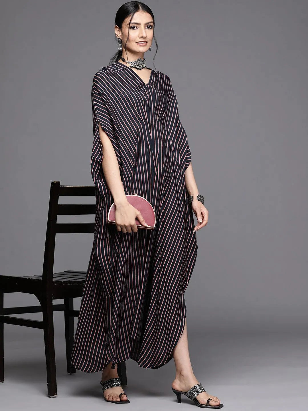 Navy Blue Striped Silk Dress - Libas 