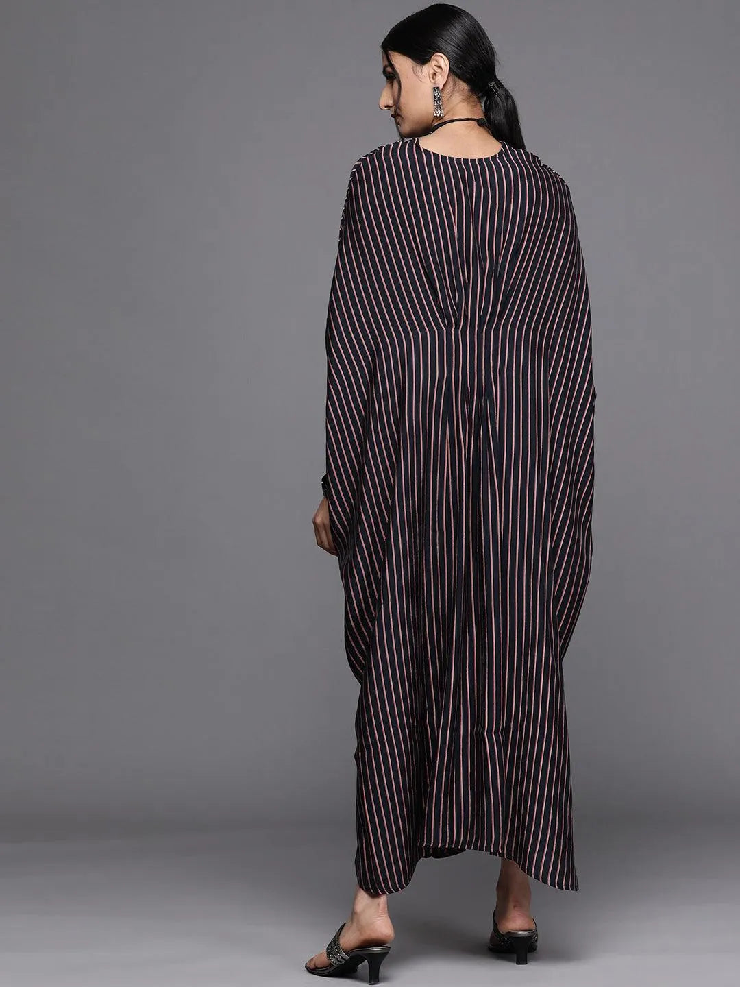 Navy Blue Striped Silk Dress - Libas 