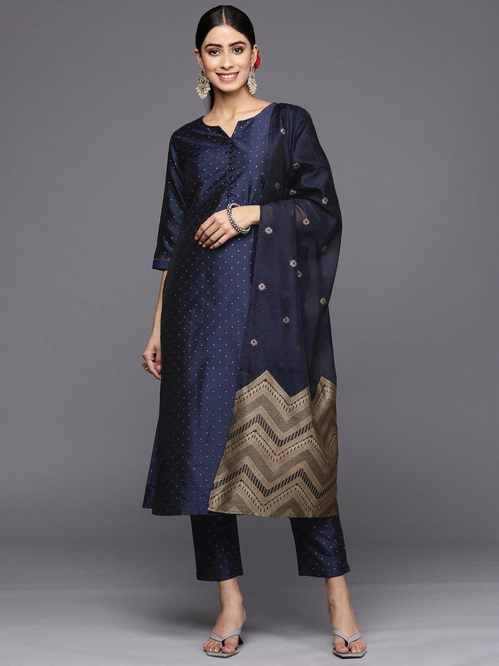 Navy Blue Woven Design Art Silk Straight Suit Set With Trousers - Libas