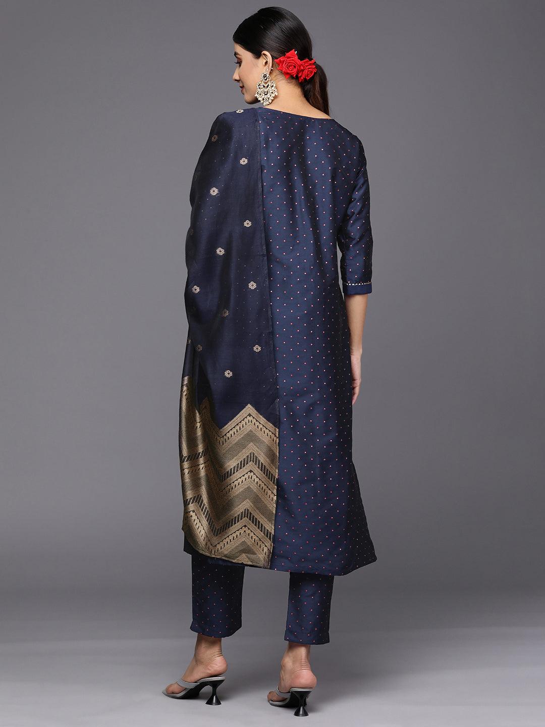 Navy Blue Woven Design Art Silk Straight Suit Set With Trousers - Libas