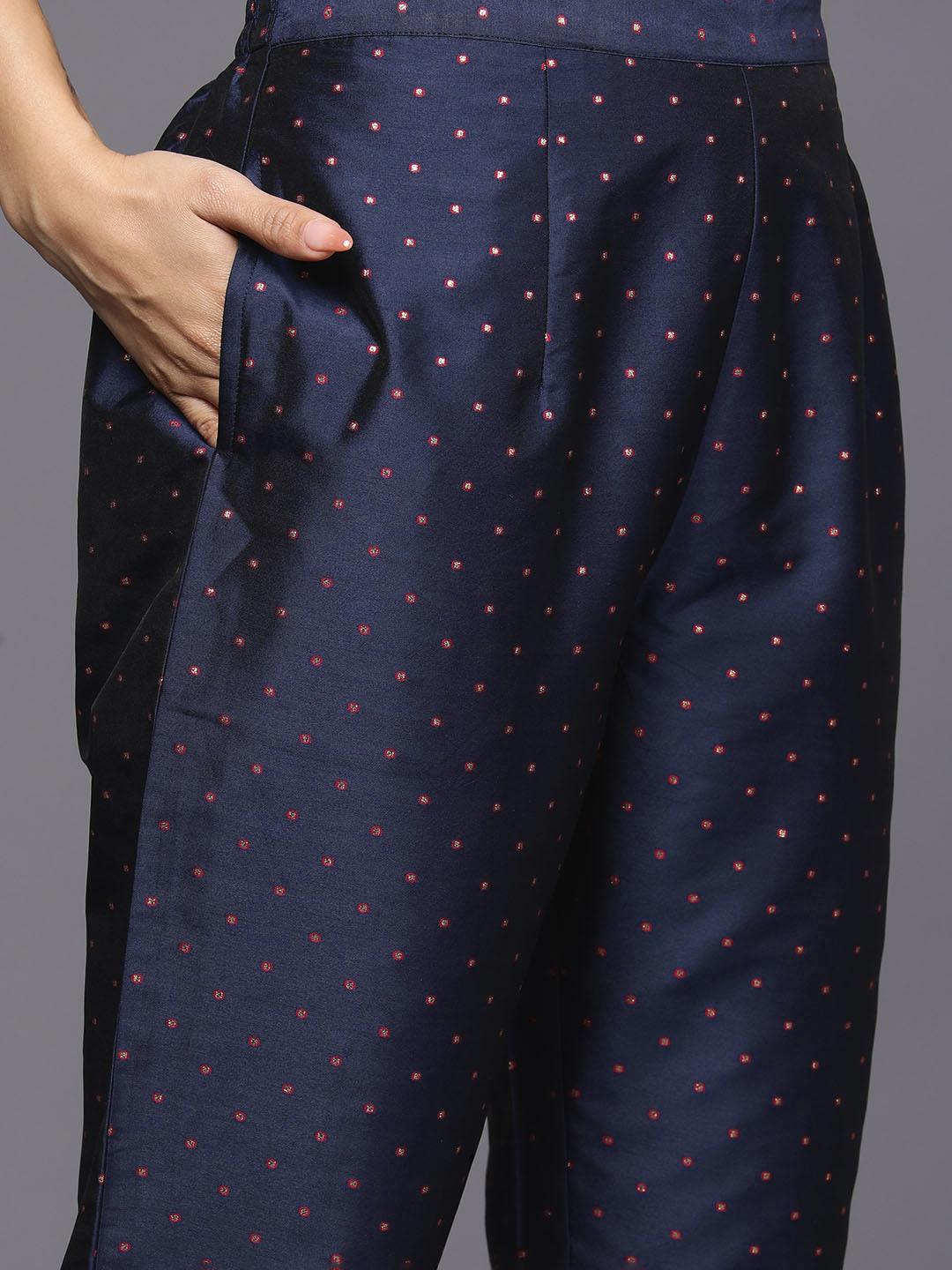 Navy Blue Woven Design Art Silk Straight Kurta With Trousers & Dupatta