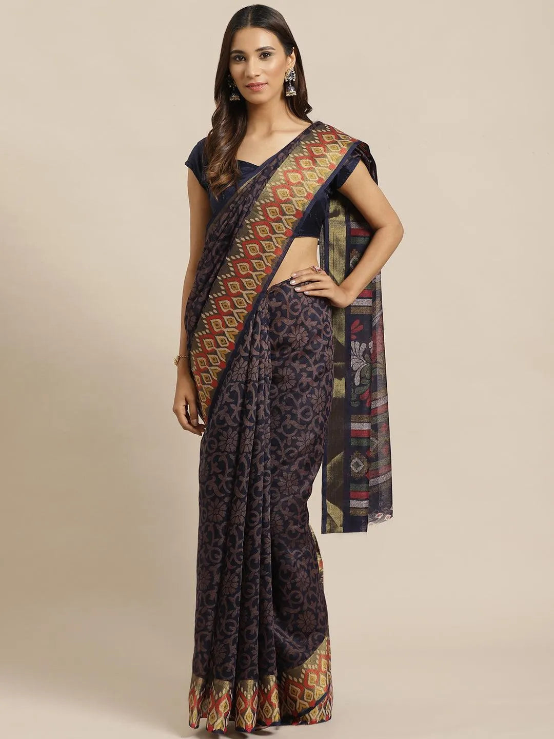 Navy Blue Woven Design Cotton Saree - Libas