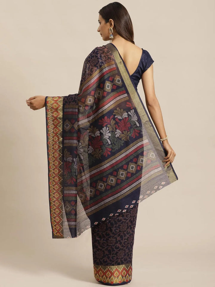 Navy Blue Woven Design Cotton Saree - Libas