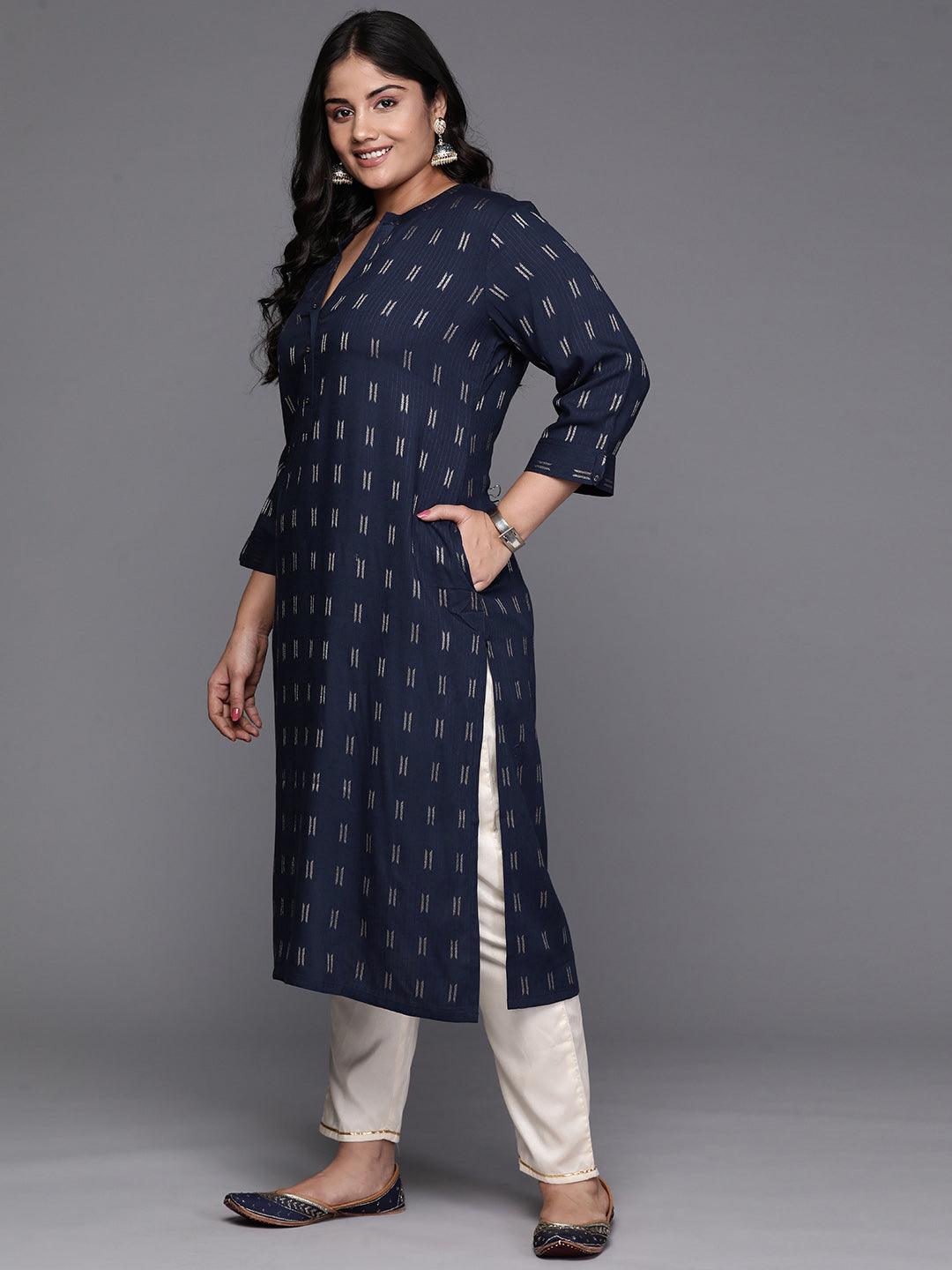 Navy Blue Woven Design Rayon Straight Kurta - Libas