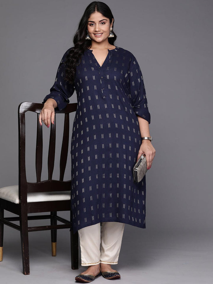 Navy Blue Woven Design Rayon Straight Kurta - Libas