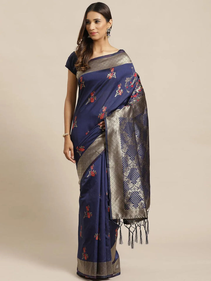 Navy Blue Woven Design Silk Saree - Libas