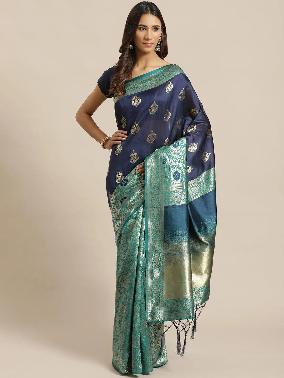 Navy Blue Woven Design Silk Saree - Libas