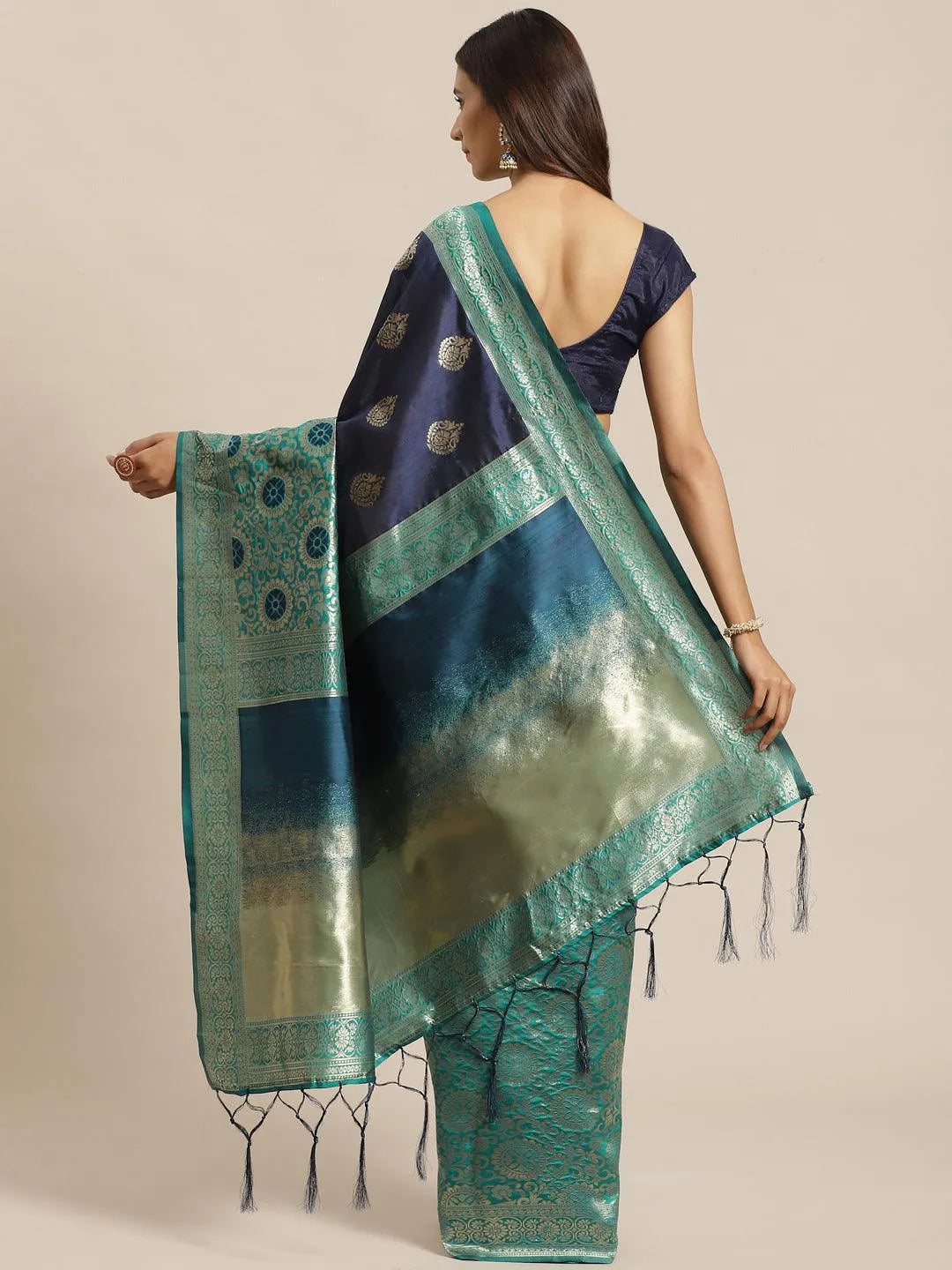 Navy Blue Woven Design Silk Saree - Libas