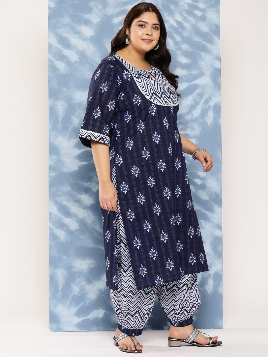 Navy Blue Yoke Design Cotton Straight Kurta With Salwar and Dupatta - Libas