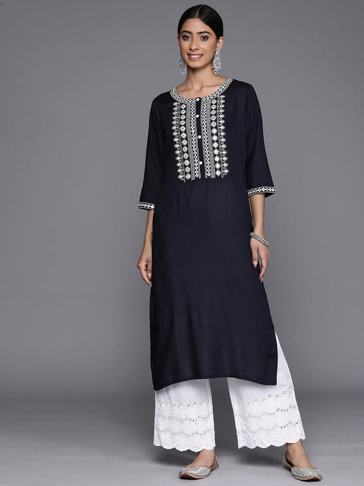 Navy Blue Yoke Design Rayon Straight Kurta - Libas